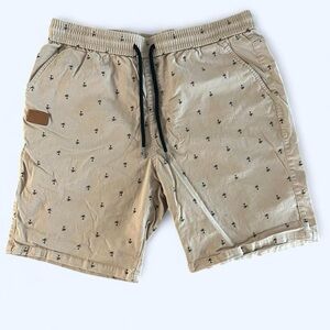 JMIERR Men’s Khaki Palm Tree Shorts Elastic Waist Size 36 Casual